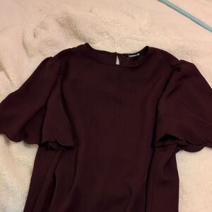 Express Red Ruffled Puff Sleeve Blouse with Mandarin Collar